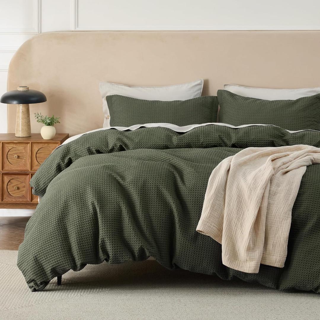 Bedsure Cotton Duvet Cover King - 100% Cotton Waffle Weave Olive Green Duvet Cover King Size, GentleSoft and Breathable Bedding Set for All Season, 3 Pieces, 104"x90" (King (104" x 90"), 14 - Olive Green