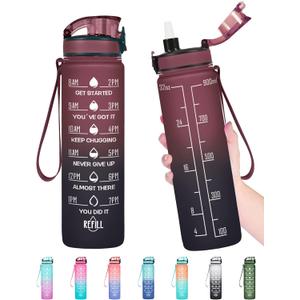 Enerbone Water Bottle, Leakproof BPA & Toxic Free, Motivational Water Bottle with Times to Drink and Straw, Fitness Sports Water Bottle with Strap for Office, Gym, Outdoor Sports (32 Ounces, Red Blue)