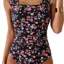 B2prity Womens One Piece Swimsuit Retro Square Neck Tummy Control Bathing Suits Ruched Modest Full Coverage Swimwear (Large, Black and Pink Floral)