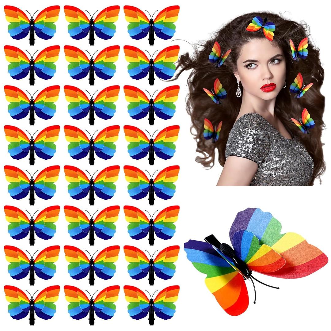 24 PCS Gay Pride Day Rainbow Butterfly Hair Clip Headpiece for Women Girls Party Parades Celebrations Festival Decorations LBGT Summer Rainbow Party