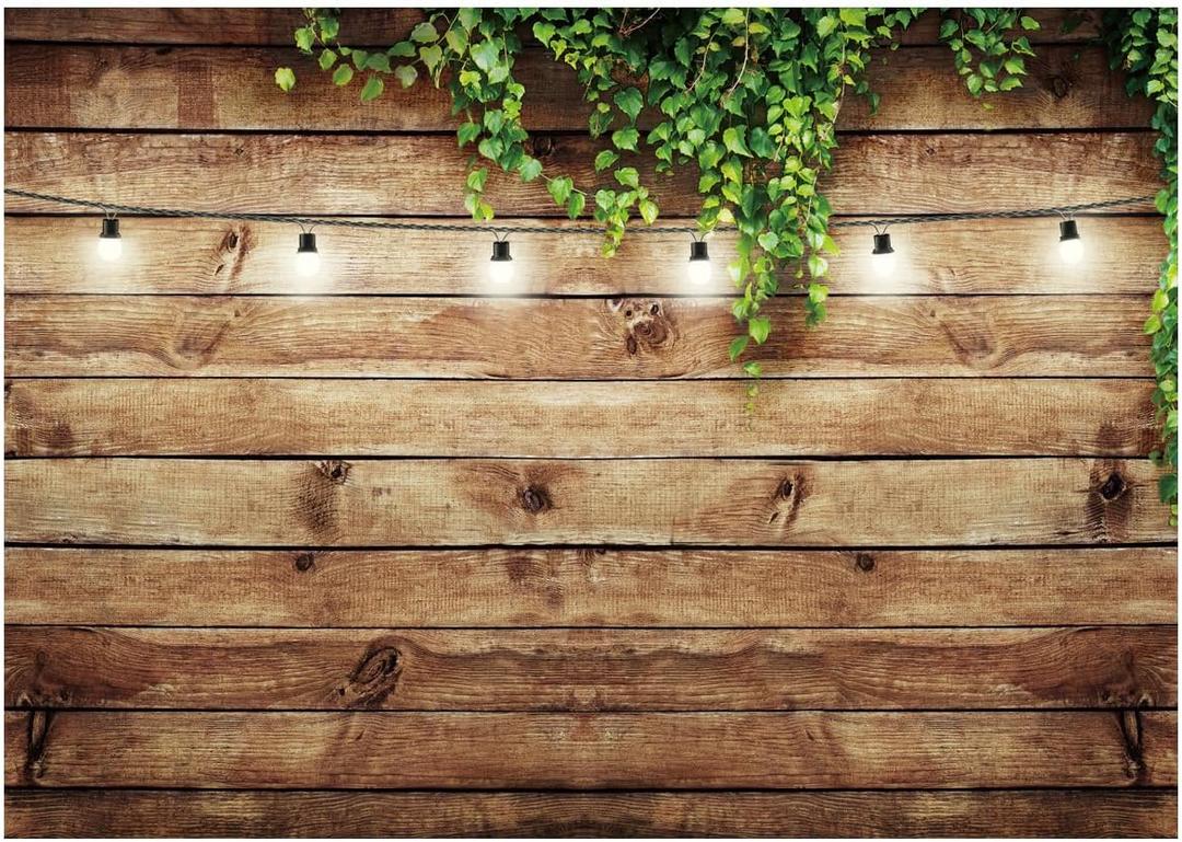 10X8FT Wood Backdrops Green Plant Light String Retro Wood Backdrop Photography Studio Props Birthday Party Decoration Photo Background DH-263