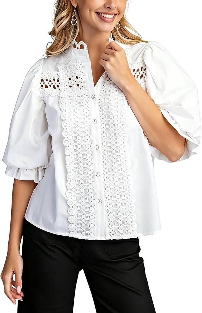 Esmeling Women Lace Embroidered Eyelet Top Mock Neck Puff Ruffle Sleeve Shirt Hollow Out Button Down Blouse (White, L)