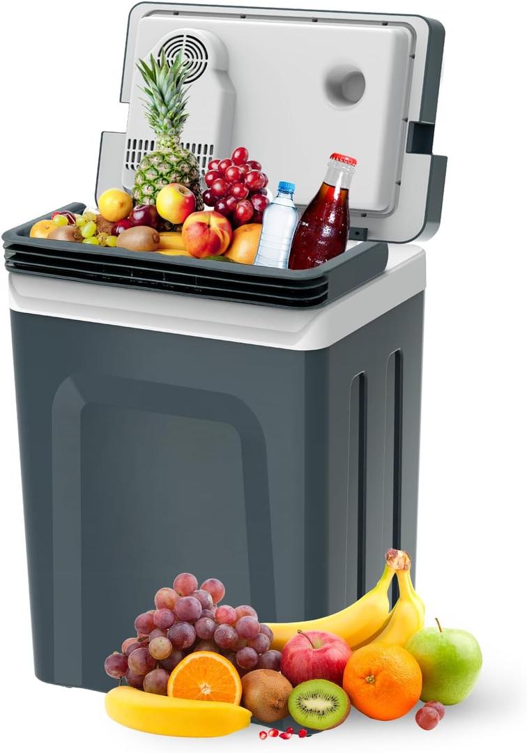 SubSun 27 Quart Electric Cooler and Warmer with Handle, 25L Portable Thermoelectric Fridge for Vehicles & Trucks, 12 Volt Car Fridge Cooler with 12V DC & 110 AC for Camping, Travel & Picnics, Grey