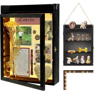 11x16 Shadow Box Frame with Light, Memorial Display Case with Shelves and Top Platform, Large Deep Shadow Box for Pet Memorial and Dog Keepsakes, Hanging Rope and Wall-Mountable, Black