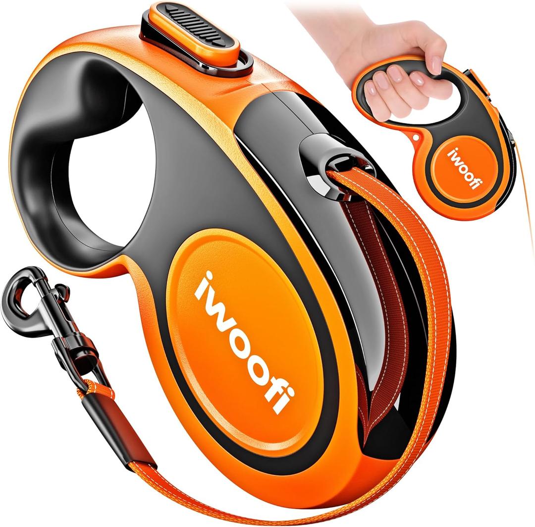Retractable Dog Leash 18.2 ft – Chew Proof Cable Included – 360° TangleFree Design – Heavy Duty Reflective Leash – Soft AntiSlip Grip Outdoor Daily for Small Medium Large Dogs up to 110 lbs (Orange)