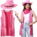 Western Outfits for Women Cowgirl Tassel Sleeveless Vest Cowboy Hat and Paisley Bandana (Large, Pink)