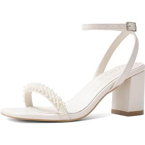 LACUONE Strappy Heels for women Block Chunky Heels Ankle Buckle Square Toe Heeled Sandals (9.5,Pearl White)
