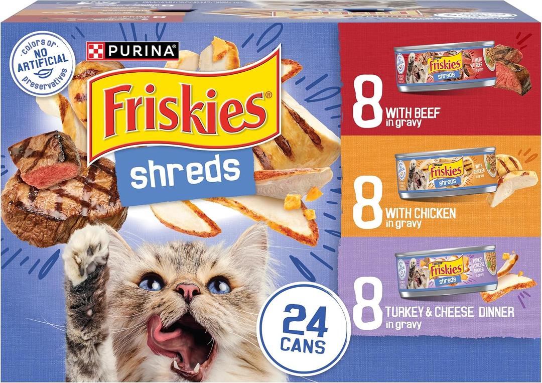 Purina Friskies Gravy Wet Cat Food Variety Pack, Shreds With Beef, With Chicken, and Turkey and Cheese Dinner - (Pack of 24) 5.5 oz. Cans (EXP 07/31/26)