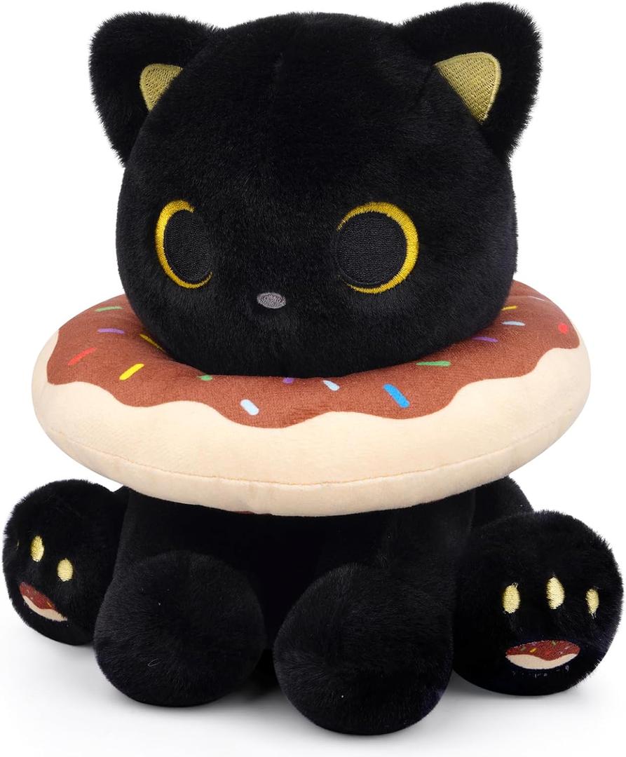 Black Cat Plush, 8inch Donut Black Cat Stuffed Animal Cute Plushies Toys for Girls Kids Boys, Kawaii Kitten Plushie for Kids Adult Valentine's Day Birthday Gift