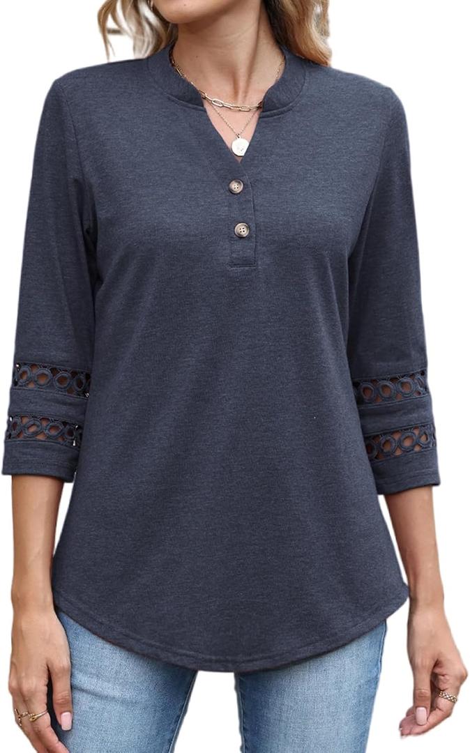 CiCiBird Womens 3/4 Sleeve Blouses Casual Button V Neck Shirt 2025 Trendy Tops (XL)
