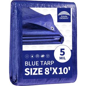 RAINDEWAY Tarps 8x10 Feet 5 Mil Blue Waterproof Tarp Multipurpose Tear Resistant Poly Tarp Cover for Car Roof Camping Patio