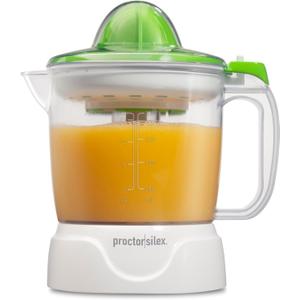 Proctor Silex Electric Citrus Juicer Machine, Large 34 oz. Pitcher, Pressure Activated, 2 Reamers for Big and Small Fruit, Pulp Control, for Orange, Lemon, Grapefruit Juice, White & Green (66340)