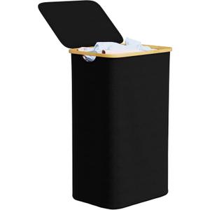 SpaceAid Laundry Hamper with Lid, 110L Large Tall Clothes Basket Bin with Bamboo Handles, Collapsible Laundry Hamper for Bedroom, Bathroom, Dorm, Laundry Room - Black