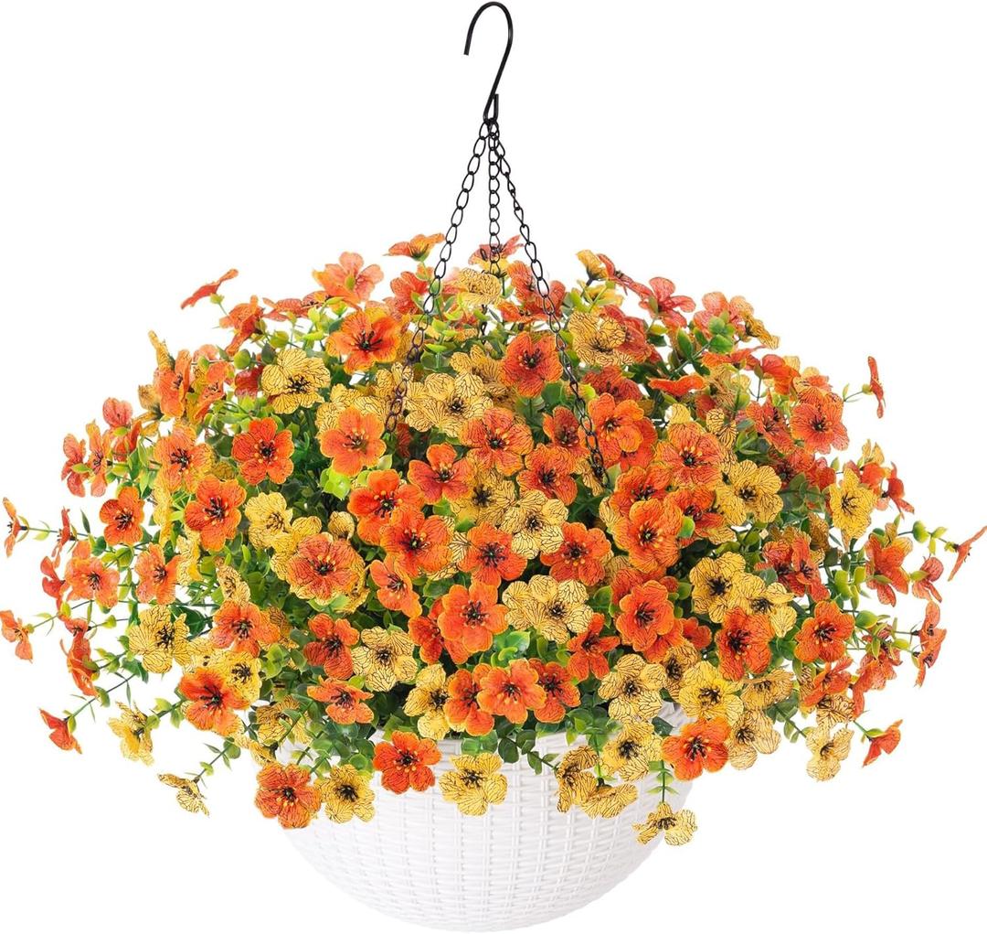 Artificial Fake Fall Hanging Mums Flowers Plants Basket for Outdoor Outside, Autumn Faux Silk Look Real UV Resistant Orange Yellow Daisy in Planter for Porch Patio Garden Yard (Orangeyellow)