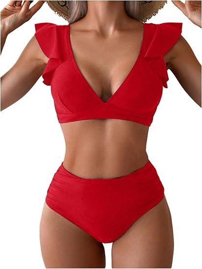 Women's 2 Piece Bikini Set Plunge Neck Ruffle Bikini Swimsuit Ruched High Waisted Bathing Suit, Size: Small