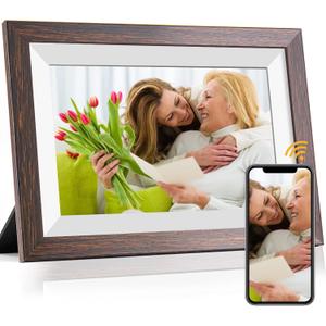 Frameo 10.1 Inch WiFi Digital Picture Frame with Frameo App, IPS Touch Screen HD Electronic Digital Photo Frame, Share Photos & Videos Instantly, Auto-Rotate Digital Picture Frame, Brown Wood