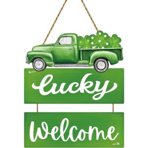 St Patricks Day Wreath St Patricks Day Door Decorations Green Truck Hanging Decor Wooden Wreaths for Front Door Hanger Lucky Welcome sign for Wall Indoor Home Decor