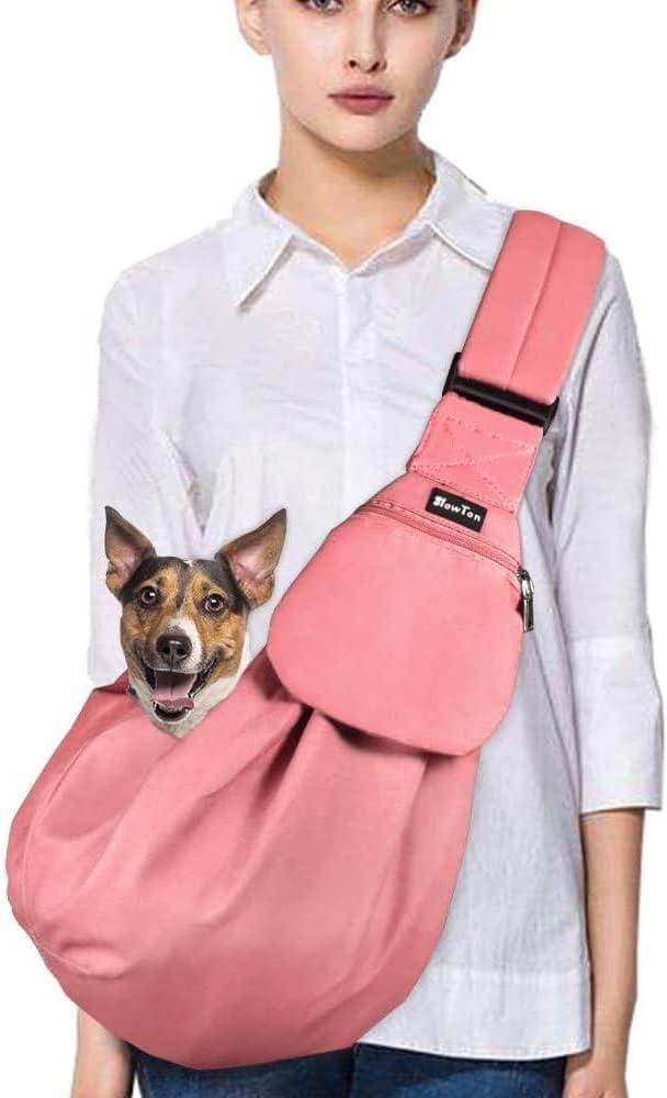 SlowTon Dog Carrier Sling - Thick Padded Shoulder Strap Adjustable Dog Carriers for Small Dogs, Puppy Carrier Purse for Pet Cat with Front Zipper Pocket Safety Belt Machine Washable (Pink M) (K-Peach Cotton Fabric)