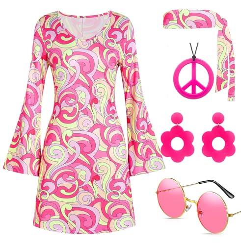 Deerjoke 60s 70s Disco Outfit Hippie Costume Women, 1970 Style Clothes Dress Accessories Jewelry Halloween, Pink, Small 