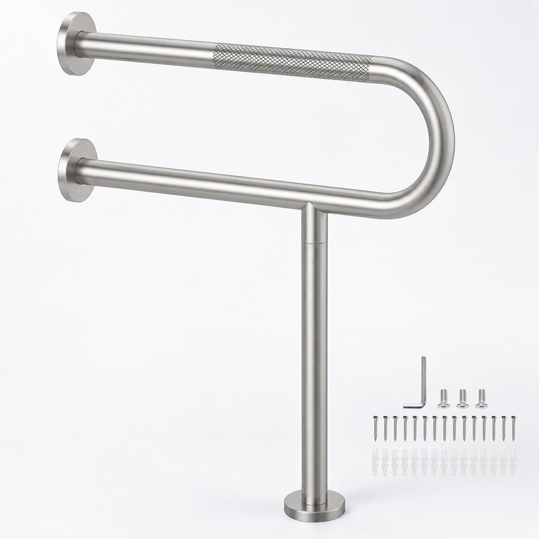 31.5 Inch Toilet Grab Bar with Support Leg, Brushed Nickel Floor-to-Wall Mounted Stainless Steel Safety Rail, 1.25" Knurled Non-Slip Handrail for Elderly, Disabled, Pregnant