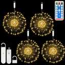 FOOING 4 Pack Firework Lights LED, Hanging Christmas Lights, 8 Modes USB Rechargeable Battery Operated Fairy Light with Remote, Twinkle Star String Lights for Party Christmas Decoration Outdoor Indoor