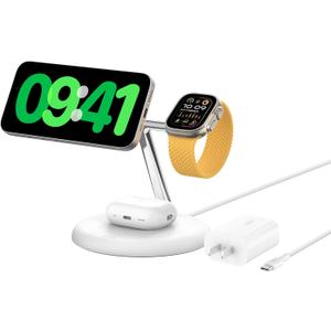 Belkin MagSafe-Compatible 3-in-1 Wireless Charger Stand 15W - Qi2-Certified Wireless Charging Station, Fast Charging of iPhone 16, AirPods, & Apple Watch - 36W Included - White