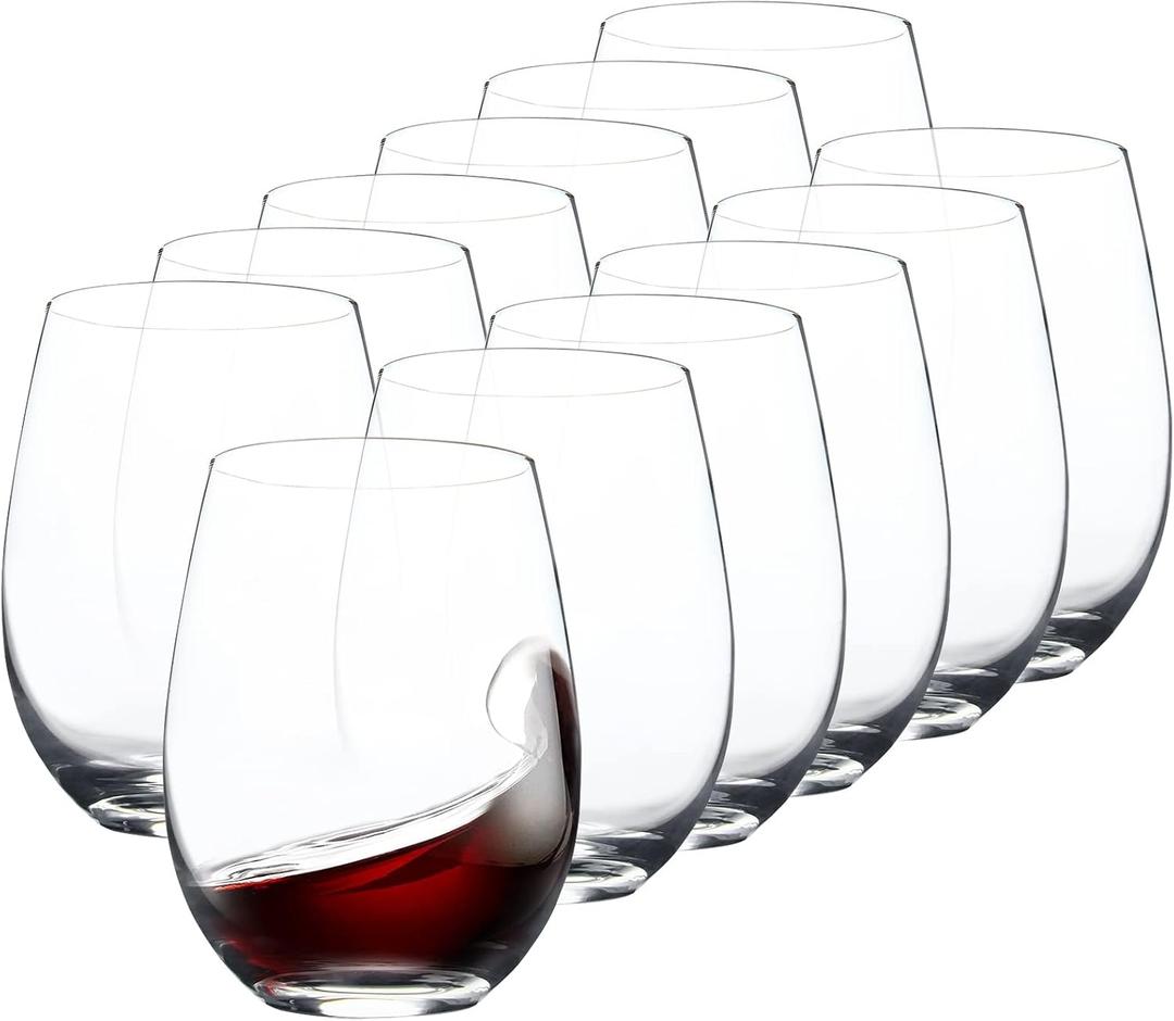 Stemless Glasses Set of 12, 15 Ounce Smooth Rim Standard Glass Tumbler for Red, Dishwasher Safe