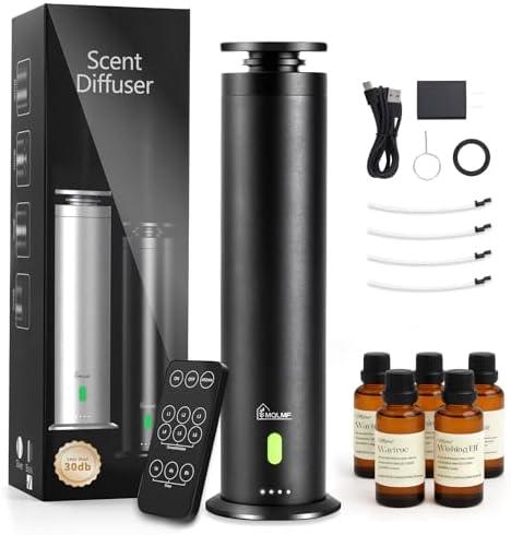 MQLMF Hotel Collection Diffuser Machine,Remote,Rechargeable,Included 5 Scent Oils,Whisper-Quiet,Aluminum,1500 Sq Ft,Waterless Diffuser - Black