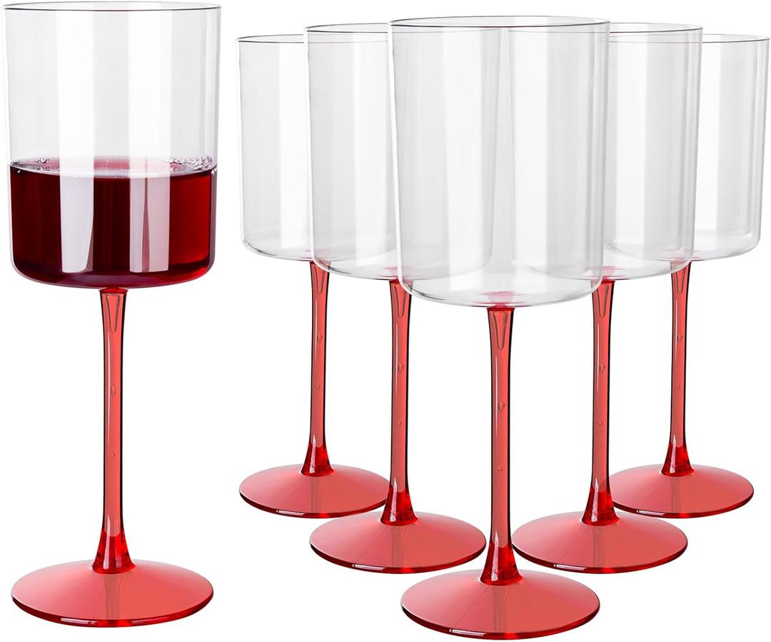 Ciaell 12 Pack 10 Oz Clear Plastic Wine Glasses with Red Stem - Disposable Cocktail Goblets Perfect for Parties & Weddings & Poolside & Outdoors & Camping & Party