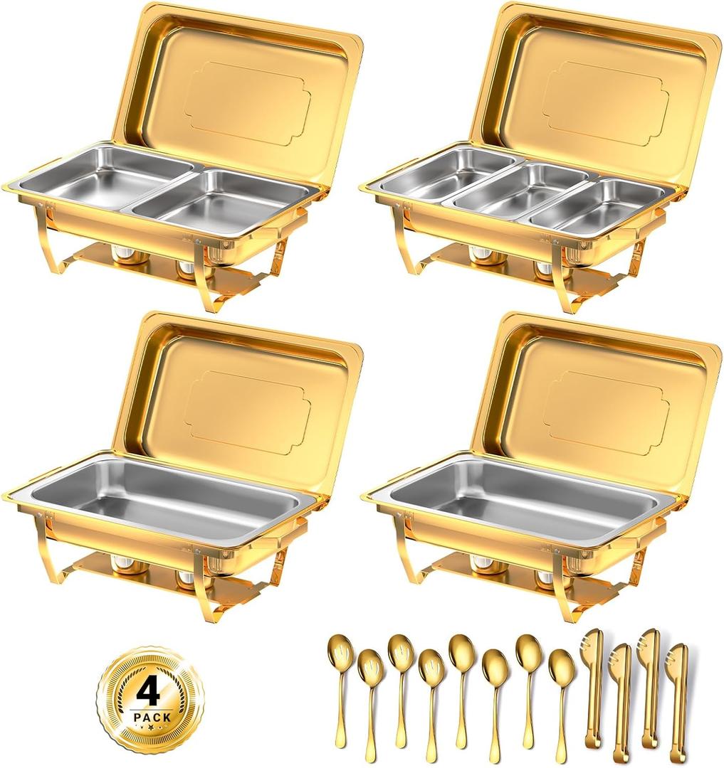 Chafing Dishes for Buffet, 8 Qt High Grade Chafing Dish Buffet Set, Rolled-Edge Design Food Warmers for Parties, Buffet, Wedding, Birthday, Camping 4 Pack 7 Pans [Gold]