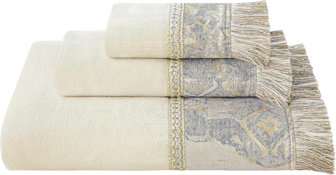 3 x Loom and Mill Luxury Cotton Bath Towel Set 3 Piece-1 Bath Towel 1 Hand Towel 1 Wash Cloth, Ultra Soft Decorative Towel Sets Highly Absorbent for Bathroom, Elegant Jacquard Design(Ivory-Beige)