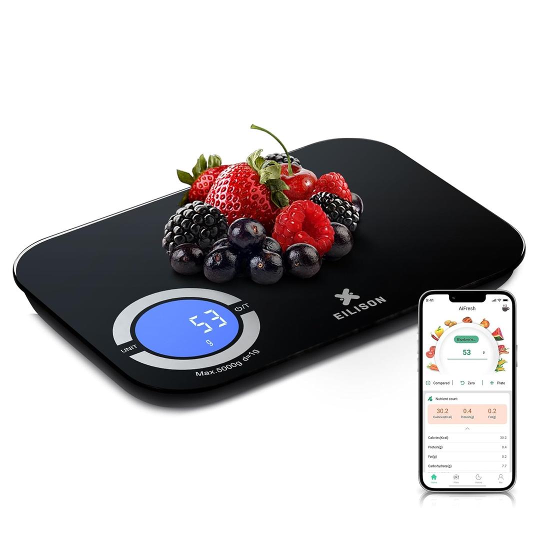 EILISON Smart Kitchen Scale with Bluetooth App, High-Precision Digital Food Scale for Baking, Cooking & Diet, 8000 Food Database, 24 Nutrients, Touchscreen, Tare Function, 5g-8000g Capacity (Black)
