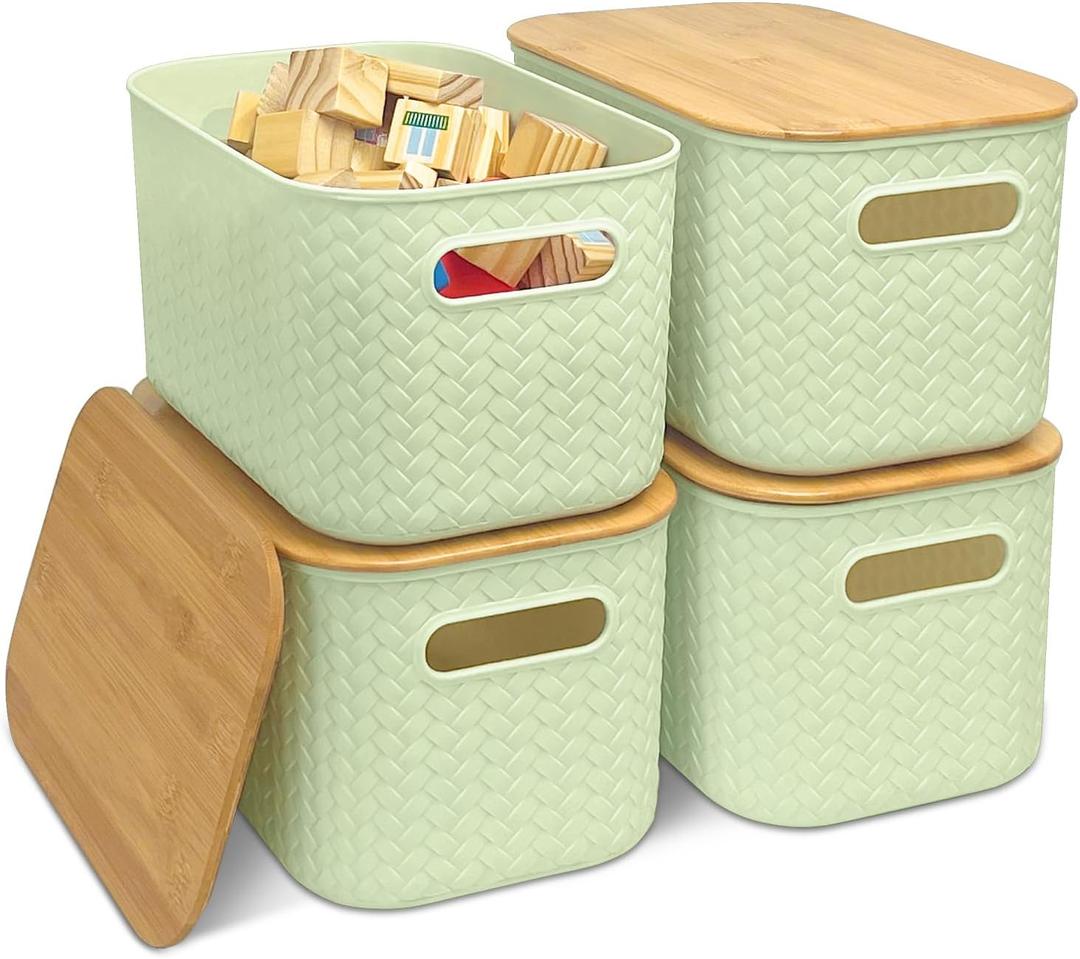 Soddeph 4 Packs Plastic Storage Bins with Bamboo Lids,Stackable Storage Containers with Lids, Storage Baskets for Organizing Desktop, Classroom, Office (Green)