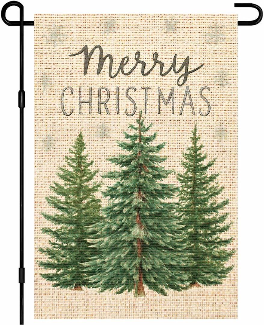 IVN Christmas Rustic Pine Tree Trio with Snowflakes and Merry Christmas Text Coarse Linen Garden Flag 12x18inch Linen Double-Sided Outdoor Yard Flag Suitable for Porches and Yards