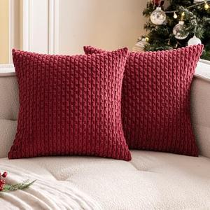 Woaboy Burgundy Throw Pillow Covers 18x18 Inch Set of 2 Decorative Couch Pillow Covers Farmhouse Soft Corduroy Boho Home Decors for Winter Cushion Bed Sofa Living Room