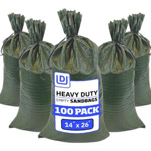 DURASACK Heavy Duty Sand Bags with Tie Strings Empty Woven Polypropylene Sand-Bags for Flood Control with 1600 Hours of UV Protection, 50 lbs Capacity, 14x26 inches, Green, Pack of 100