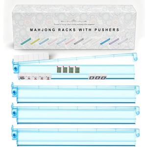 Premium Clear Mahjong Racks with Pushers, 4-Pack Non-Slip Acrylic Racks | Non-Slip Base Design,Gift-Ready Packaging, Multiple Color Options, American Mahjong Accessories, Mahjong Night Gift, Standard