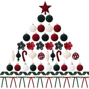 Chiisong 57 Pcs Velvet Christmas Tree Ornaments Set, Flocked Christmas Ball Tree Topper Velvet Ribbon Gift Warp Bow Artificial Poinsettia Flower Candy Cane Hanging for Xmas Holiday Party Decor