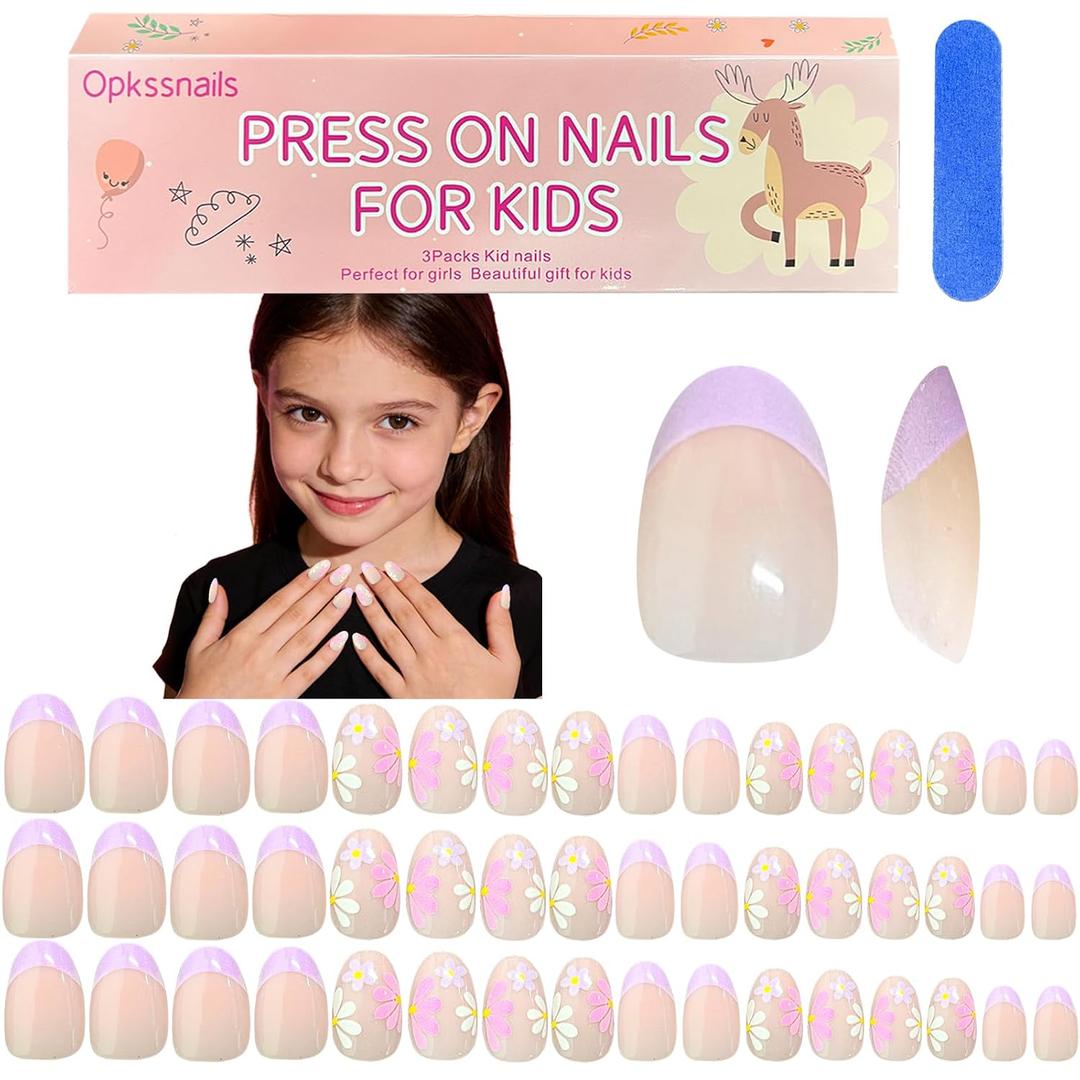4 x Press on Nails for Kids, Short Oval Children Flower Fake Nail for Kids Teenager Girls 8-12 Years Press on Nails with Nail File Buffer (Summer 3p)