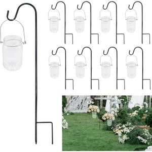 8 Sets Wedding Aisle Decoration Including 8 Pcs 15 oz Plastic Mason Jars with Handle and 8 Pcs 32'' High Shepherds Hooks for Outdoor Wedding Ceremony Decoration (Flowers Not Included)