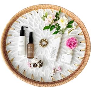 i-lan 12" Round Mother of Pearl Inlay Rattan Display, Rattan Coffee Bread Serving Tray with Mother of Pear Inlay Wooden Base,Decorative Wicker Basket for Table Decor,Storage of Fruit,Candy
