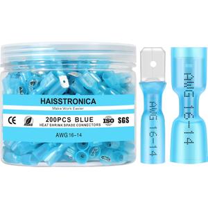 haisstronica 200PCS Blue Heat Shrink Spade Connectors,AWG 16-14 Heat Shrink Spade Terminlas Kit, Speaker Wire Connector, Male and Female Electrical Quick Disconnect Wire Connectors