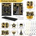 80th Birthday Decorations Kit for Men Women, Black Gold 24PCS Back in 1946 Banner Decorations , Vintage 1946 Banner Wooden Table Sign Poster Hanging Swirl Balloons Paper Fans Cheers to 80 years