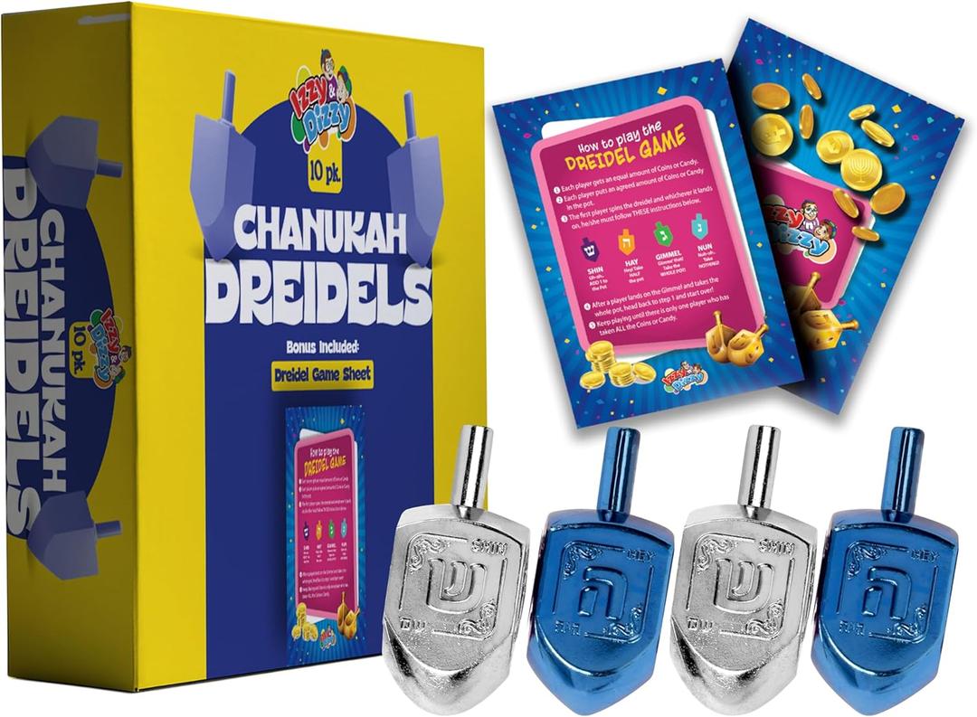 3 x Izzy 'n' Dizzy Hanukkah Dreidels - Metallic Blue and Silver Dreidel - 10 Pack Medium