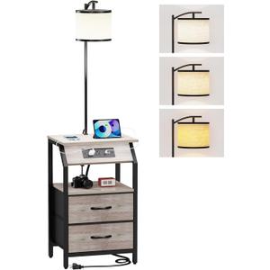 End Table with Floor Lamp, Nightstand with Charging Station, Floor Lamp Table with 3-Color Temperature Bulb, Bedside Table Night Stand with 2 Drawers for Bedroom, Living Room, Greige
