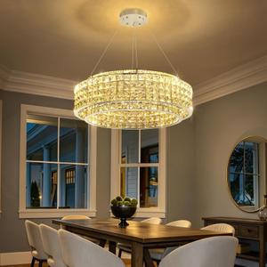 W24 Modern Chandeliers for Living Room LED Dimmable Pendant Lighting High Ceiling Chandelier for Dining Room Foyer Hallway Crystal Rectangle Light Fixtures Silver