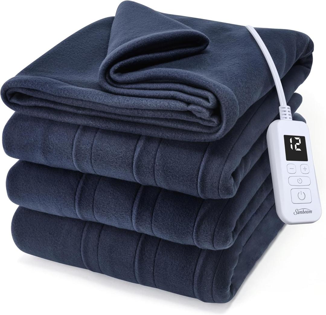 Sunbeam Royal Ultra Fleece Heated Electric Blanket, Twin Size, 84" x 62", 12 Heat Settings, 12-Hour Auto Shut-Off, Indigo