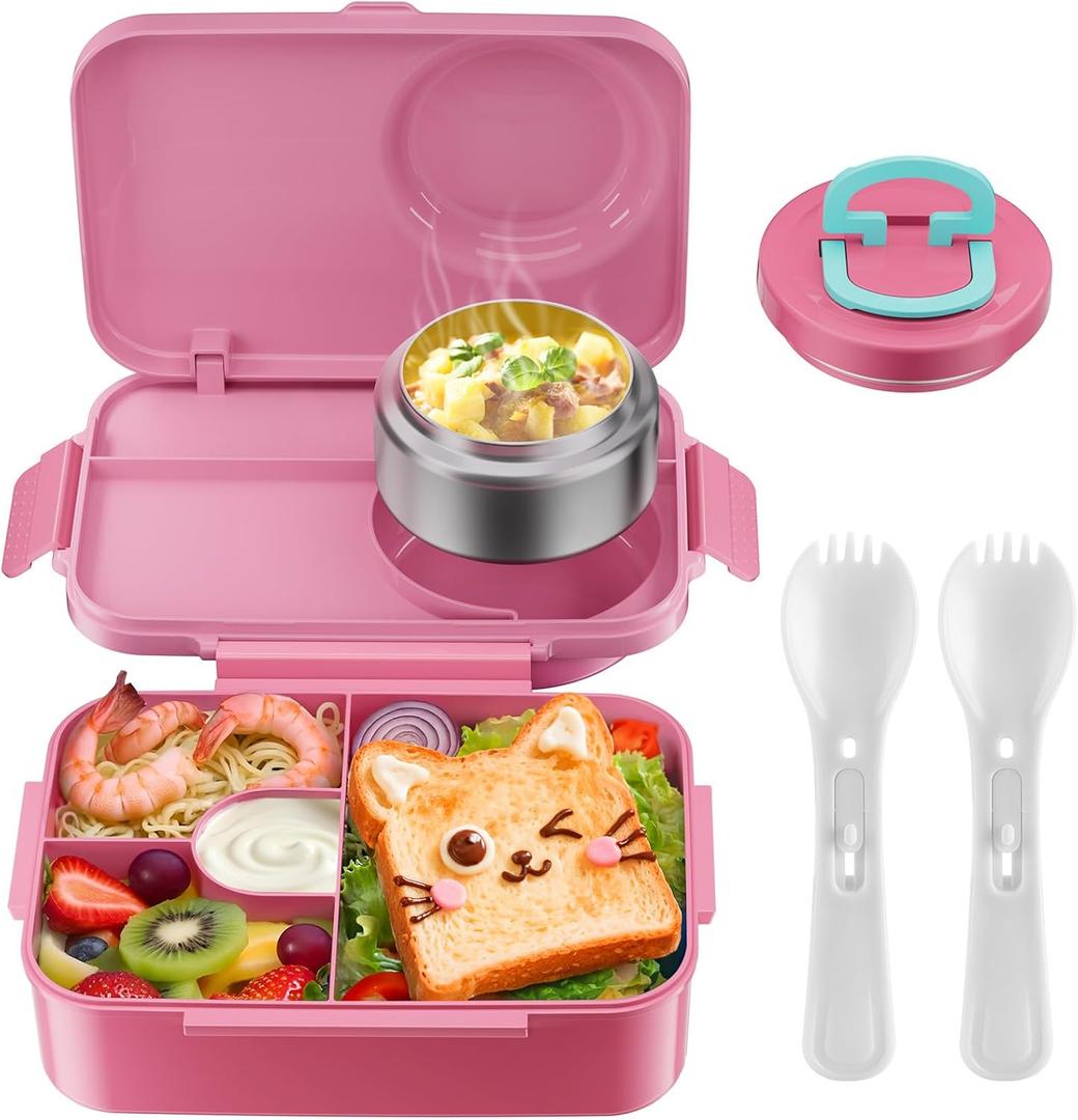 DaCool Upgraded Kids Lunch Box with Thermo for Hot Food 1400ml Child Bento Box for Kids with 5oz Small Thermo for Girls Boys with Fork Spoon Leakproof for Dining Out School Work Picnic, Rose-pink