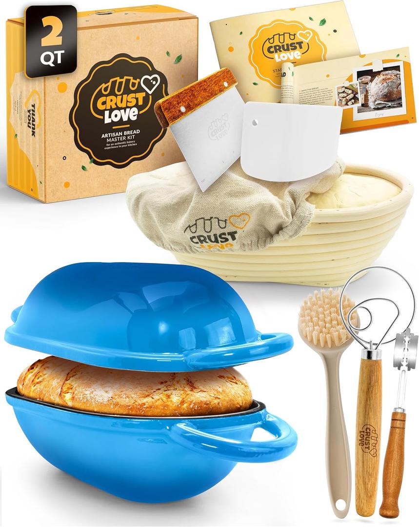 CRUSTLOVE Loaf Pan for Bread Baking - incl. Sourdough Bread-Baking Supplies like Banneton Bread-Proofing Basket - 2QT Enameled Oval Cast Iron Dutch Oven, Bread-Oven, Sour Dough Bread-Banking-Pan Tools (Blue)