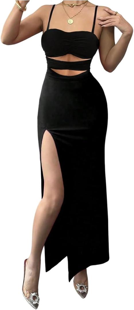 SOLY HUX Women's Cut Out Split Bodycon Cami Dress Spaghetti Strap Club Party Summer Long Dresses, Medium